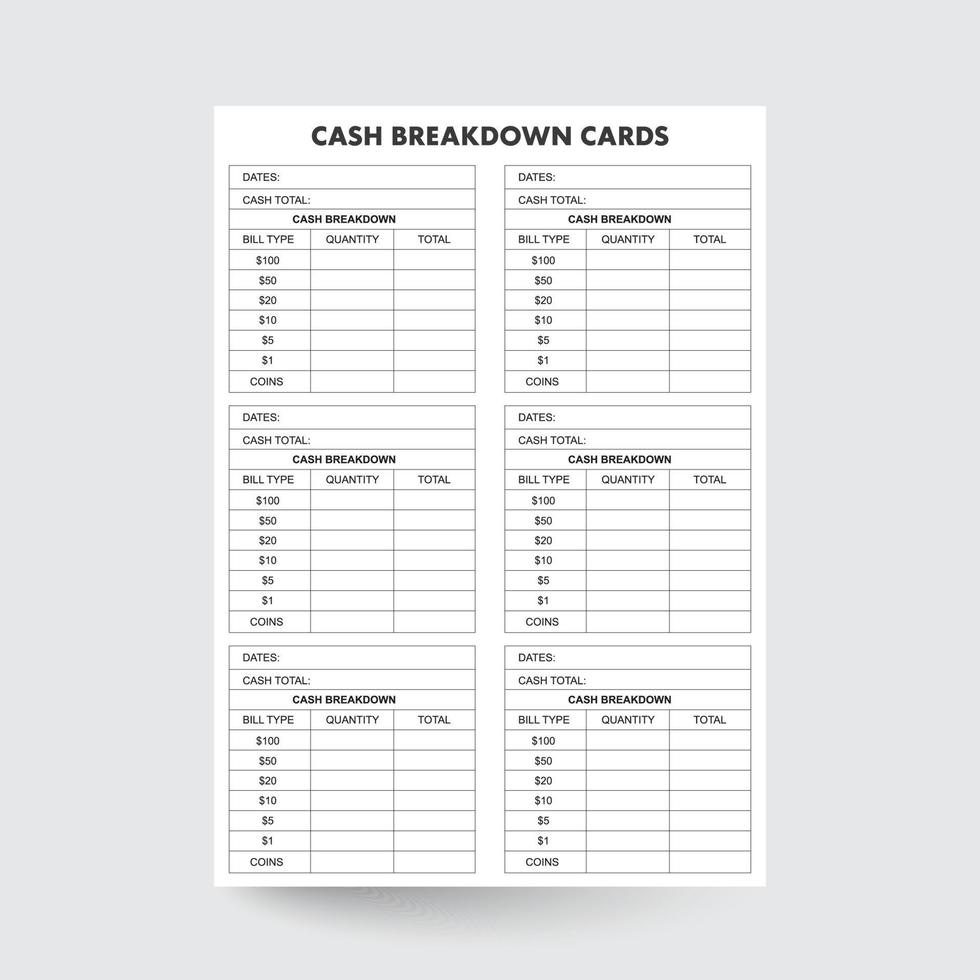 Cash Breakdown Card,Cash Breakdown Count Sheet,Cash Breakdown,Cash ...
